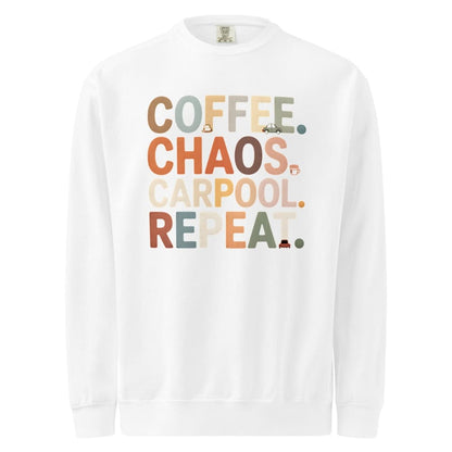 White long-sleeve shirt with colorful text 'COFFEE. CHAOS. CARPOOL. REPEAT.' on a white background