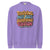 Purple sweatshirt with colorful text design on a white background