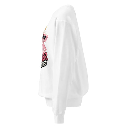 White sweatshirt with a graphic design on the sleeve against a white background