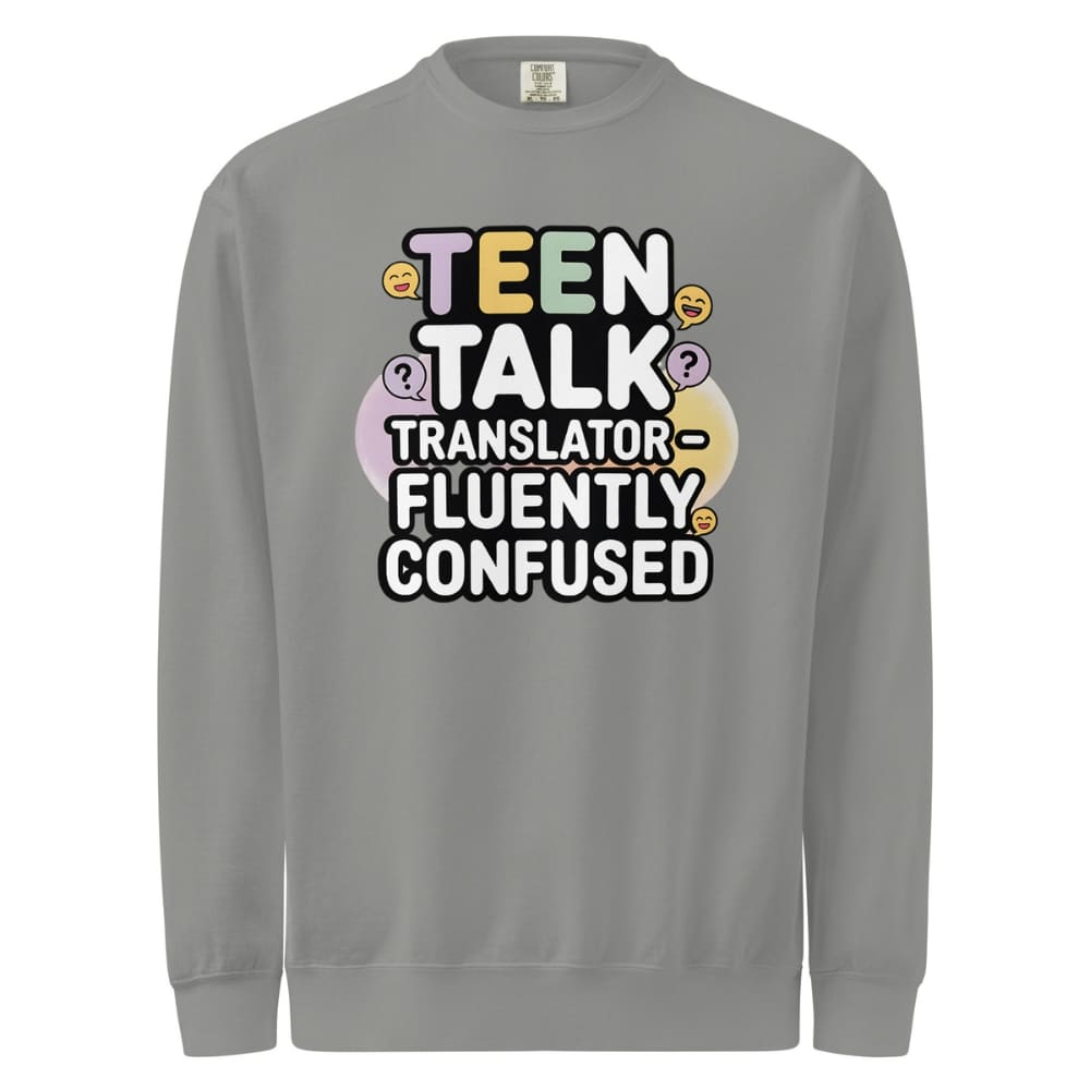 Gray sweatshirt with colorful text design on a white background