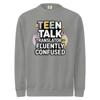 Gray sweatshirt with colorful text design on a white background