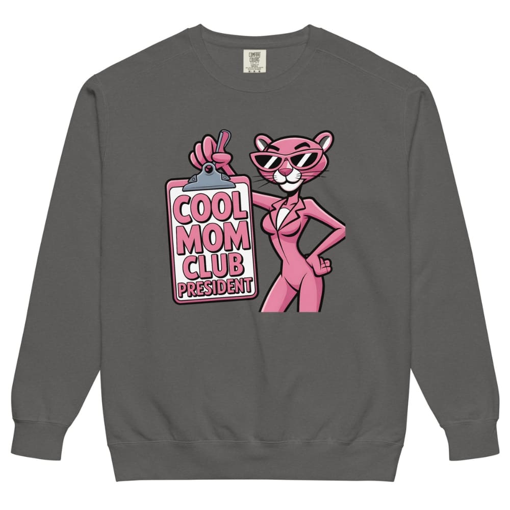 Gray sweatshirt with a pink panther graphic and 'Cool Mom Club President' text on a white background