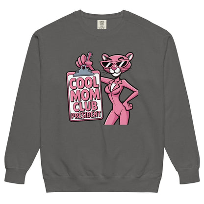 Gray sweatshirt with a pink panther graphic and 'Cool Mom Club President' text on a white background
