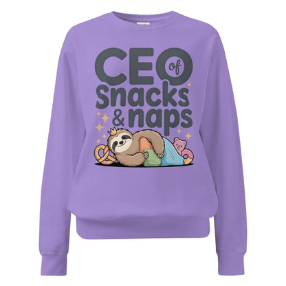 "CEO of Snacks & Naps" printed sweatshirt featuring a sloth in a crown surrounded by pretzels and plushies on vintage-washed cotton fleece