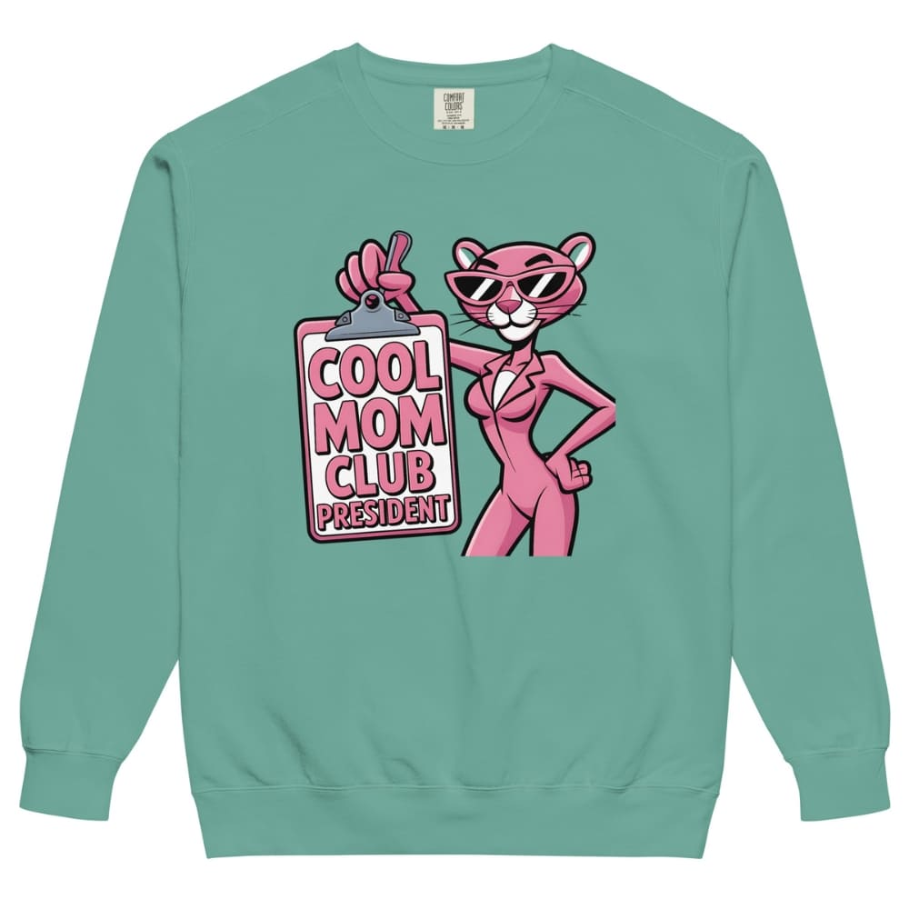 Teal sweatshirt with pink panther graphic and 'Cool Mom Club President' text on a white background