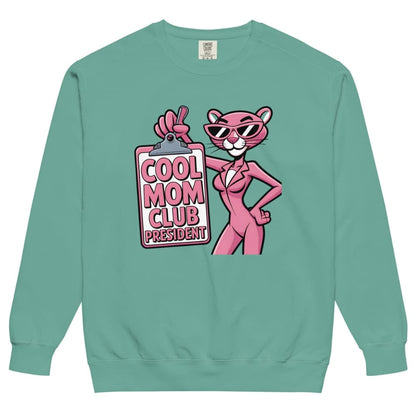 Teal sweatshirt with pink panther graphic and 'Cool Mom Club President' text on a white background