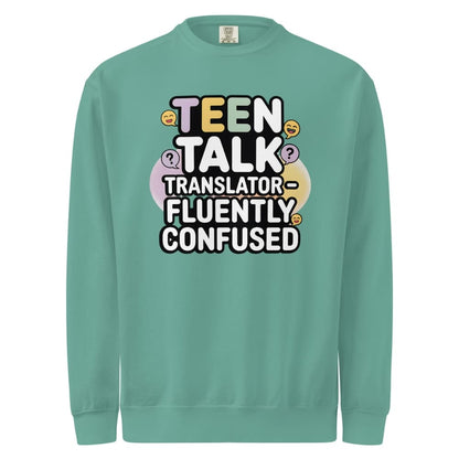 Teal sweatshirt with colorful text design on a white background
