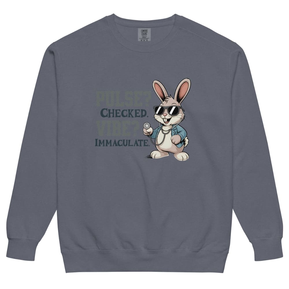 Gray sweatshirt with a cartoon rabbit design and text on a white background