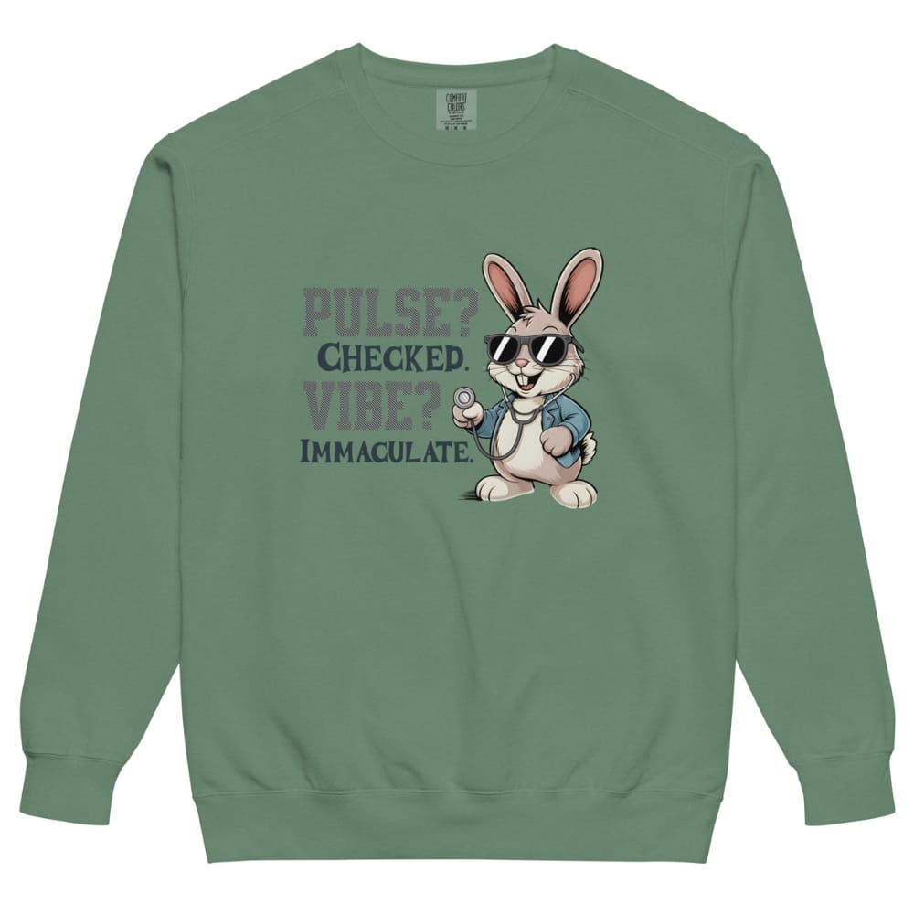 Green sweatshirt with a cartoon rabbit and text on a white background