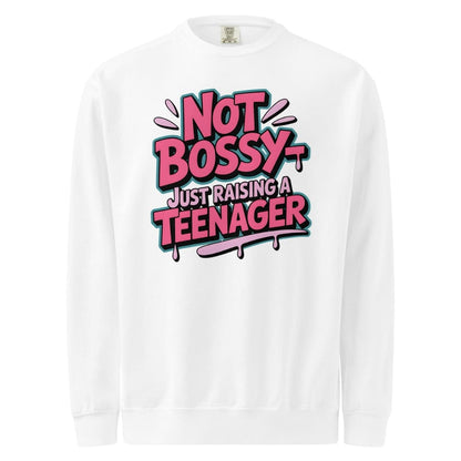 White long-sleeve shirt with colorful text design on a white background