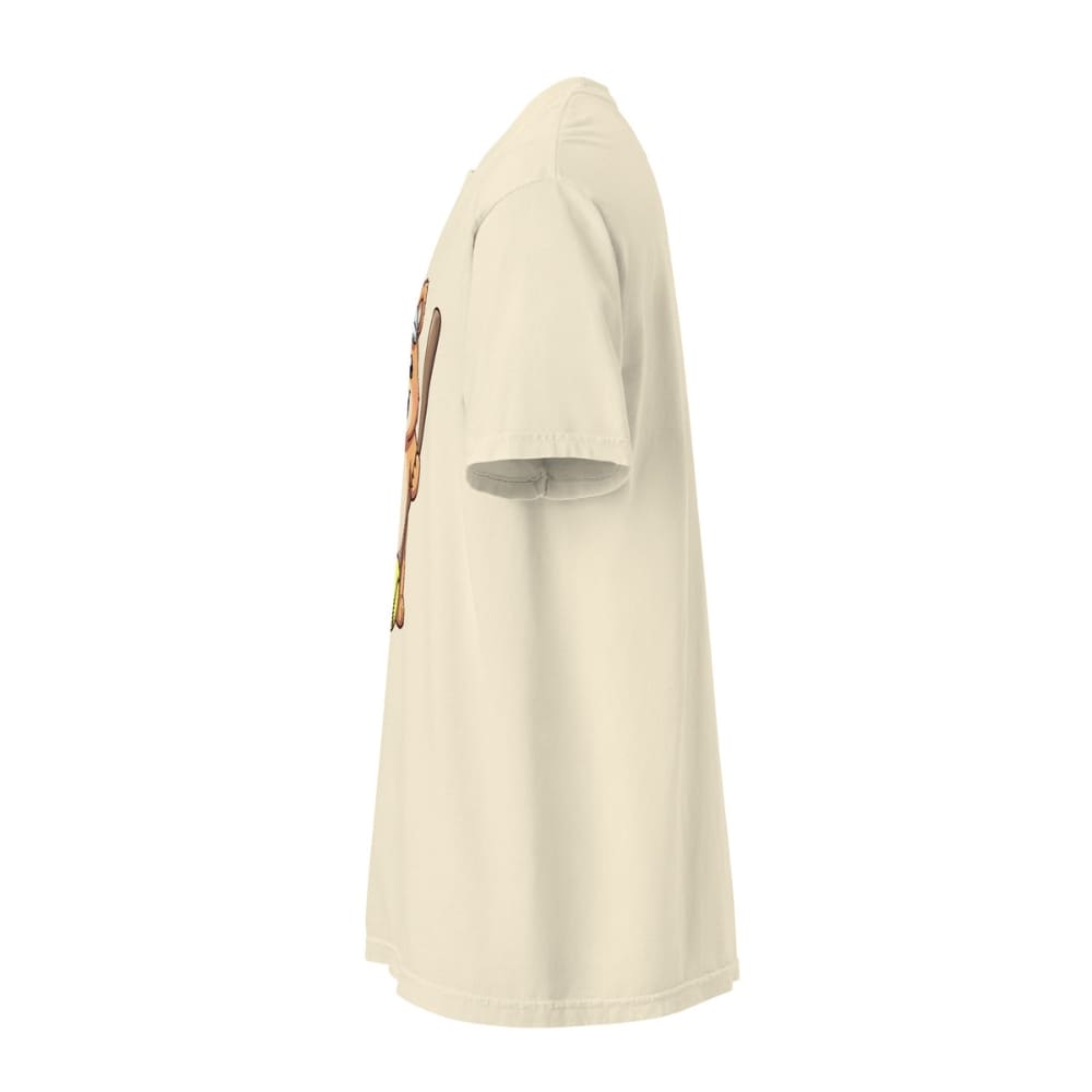 Cartoon bear holding softball bats and ball wearing a visor labeled “Softball” – printed on garment-dyed heavyweight t-shirt for sporty moms