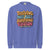Purple sweatshirt with colorful text design on a white background