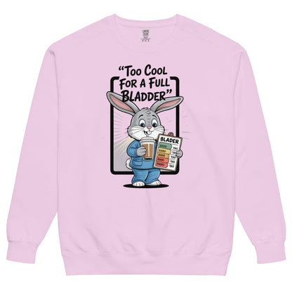 Pink sweatshirt with cartoon character holding a beer and text 'Too Cool for a Full Bladder' on a white background