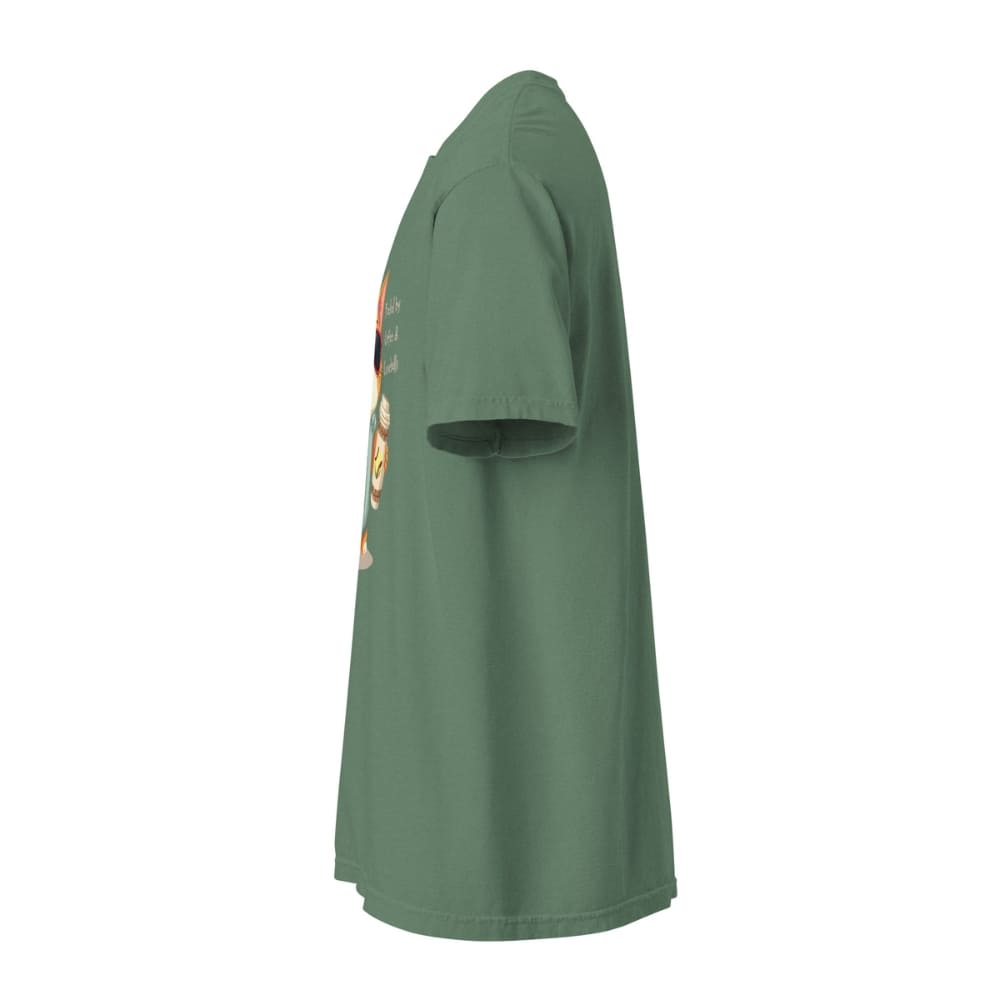 Cool cat with sunglasses holding a softball bat and coffee cup, beside text “Fueled by Coffee & Curveballs” – printed on soft heavyweight t-shirt for sporty moms