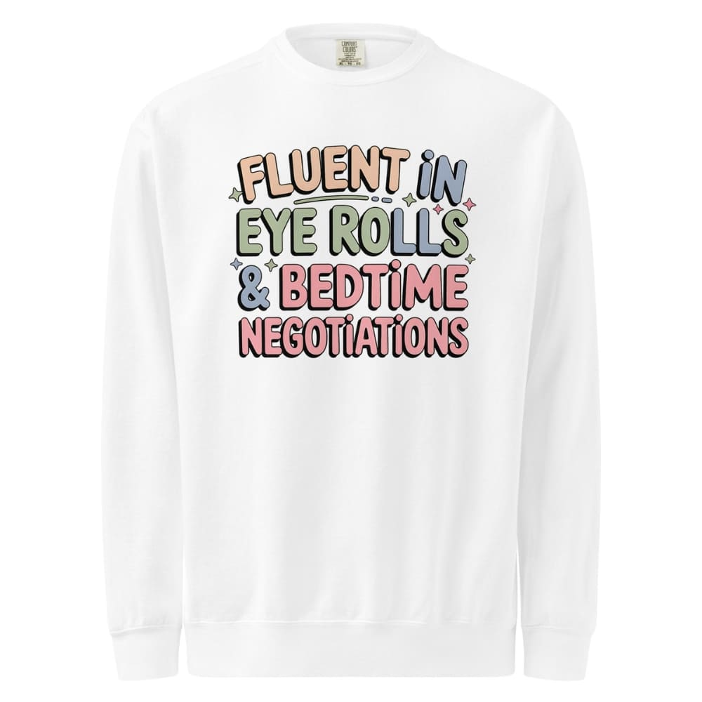 White long-sleeve shirt with colorful text design on a white background