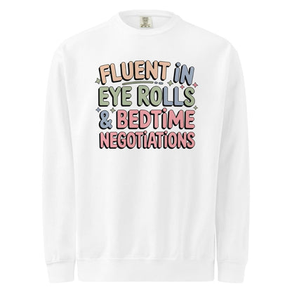 White long-sleeve shirt with colorful text design on a white background