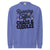Blue sweatshirt with text 'Running on Coffee, Chaos & Cuddles' on a white background