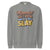 “Mommin' Ain’t Easy But I Slay” retro-style DTG printed design in peach, blue, and yellow on vintage garment-dyed fleece sweatshirt
