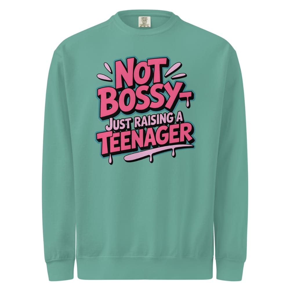 Teal sweatshirt with pink and black text on a white background