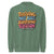 Green sweatshirt with colorful text design on a white background