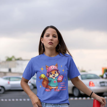 Cute squirrel nurse cartoon in scrubs, pink cap, and headset holding a softball and medical kit with the phrase “Saving Lives Between Innings” — printed on a heavyweight cotton t-shirt