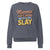 “Mommin' Ain’t Easy But I Slay” retro-style DTG printed design in peach, blue, and yellow on vintage garment-dyed fleece sweatshirt