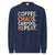 Navy blue sweatshirt with colorful text 'COFFEE. CHAOS. CARPOOL. REPEAT.' on a white background