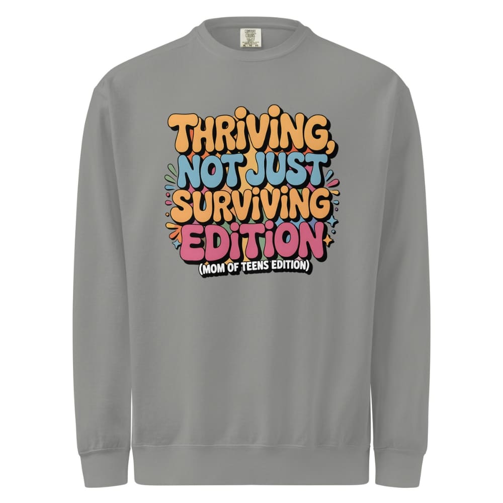Gray sweatshirt with colorful text design on a white background