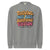 Gray sweatshirt with colorful text design on a white background