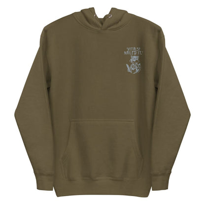 Raccoon nurse graphic wearing scrubs and sunglasses holding a clipboard under the quote “Vitals? Nailed It.” – printed on a black Cotton Heritage hoodie