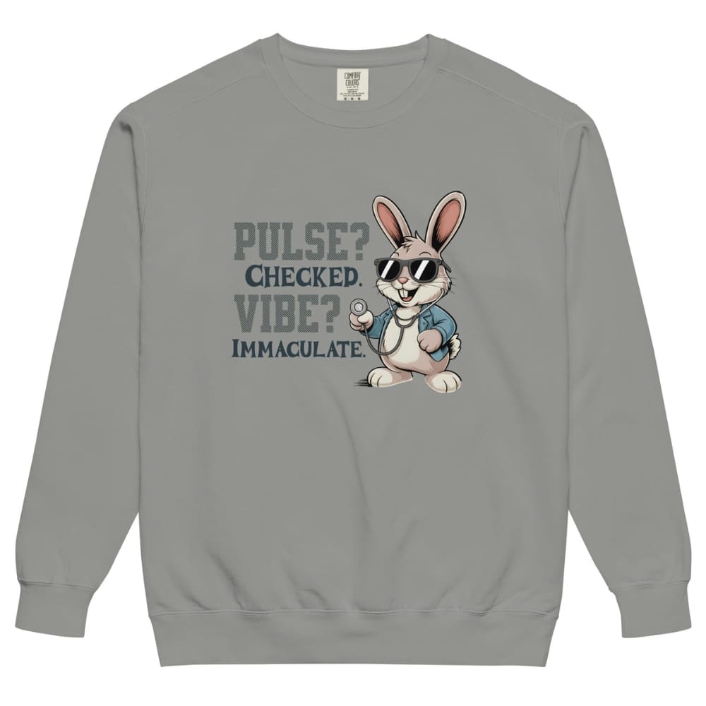 Gray sweatshirt with a cartoon rabbit and text on a white background