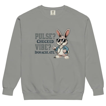 Gray sweatshirt with a cartoon rabbit and text on a white background