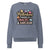 Sweatshirt design with text “Motherhood. Powered by Snacks & Sarcasm.” featuring colorful macarons and a steaming coffee cup on vintage-washed cotton fleece.