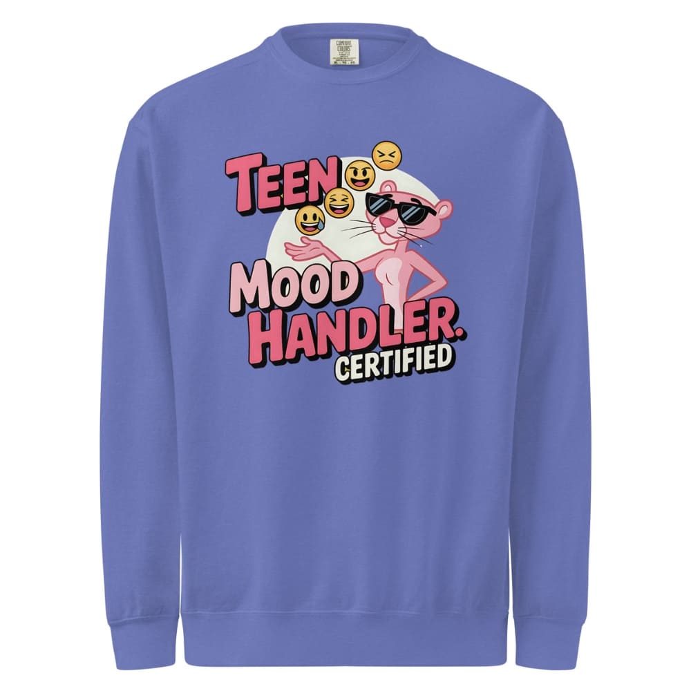 Purple sweatshirt with cartoon character and text 'Teen Mood Handler Certified' on a white background