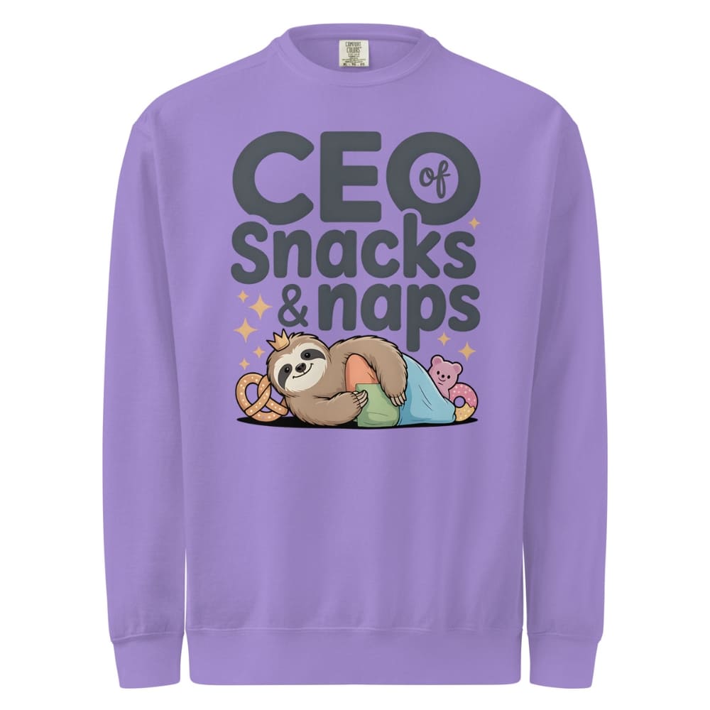 "CEO of Snacks & Naps" printed sweatshirt featuring a sloth in a crown surrounded by pretzels and plushies on vintage-washed cotton fleece