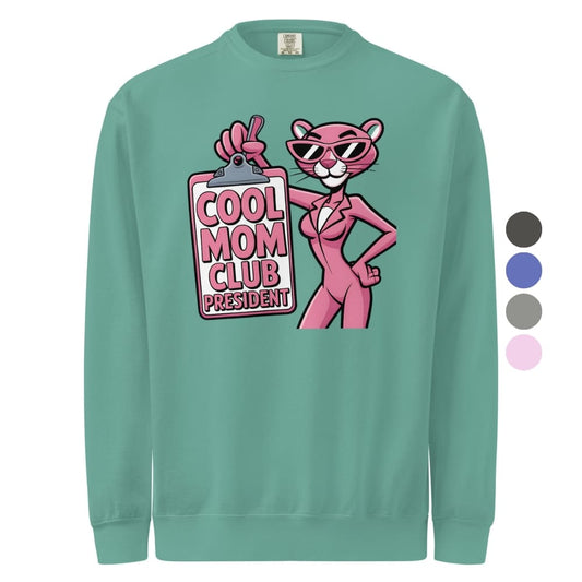 Green sweatshirt with pink panther graphic and 'Cool Mom Club President' text on a white background.