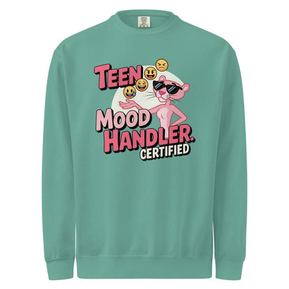 Teal sweatshirt with cartoon character and text 'Teen Mood Handler Certified' on a white background