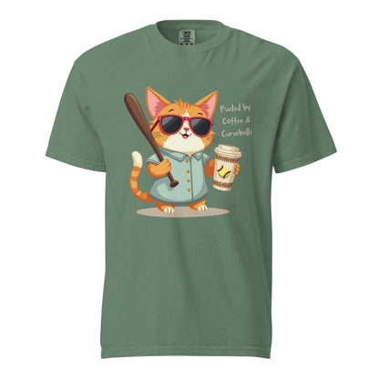 Cool cat with sunglasses holding a softball bat and coffee cup, beside text “Fueled by Coffee & Curveballs” – printed on soft heavyweight t-shirt for sporty moms