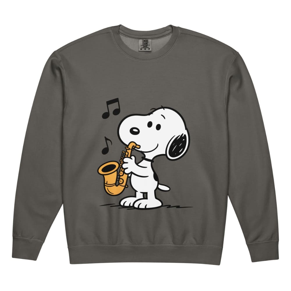 Gray sweatshirt with a cartoon dog playing a saxophone on a white background