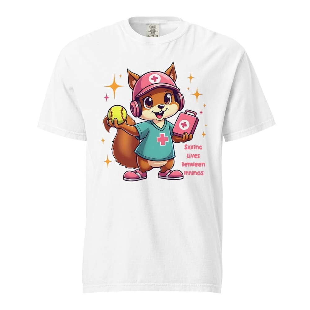 Cute squirrel nurse cartoon in scrubs, pink cap, and headset holding a softball and medical kit with the phrase “Saving Lives Between Innings” — printed on a heavyweight cotton t-shirt
