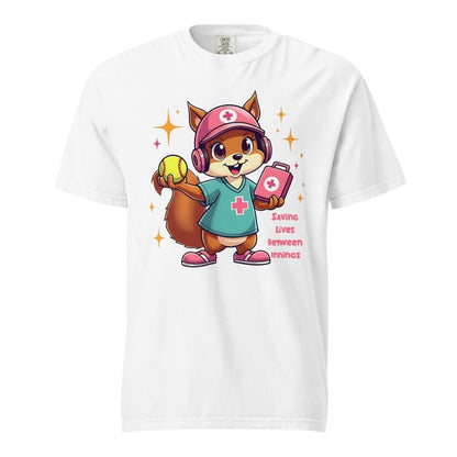 Cute squirrel nurse cartoon in scrubs, pink cap, and headset holding a softball and medical kit with the phrase “Saving Lives Between Innings” — printed on a heavyweight cotton t-shirt