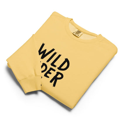 Yellow sweatshirt with 'Wild Rider' text on a white background