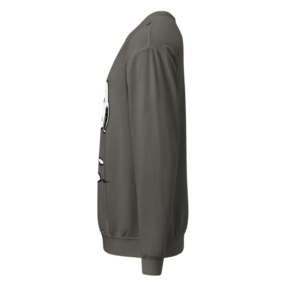 Gray sweatshirt with a logo on the sleeve against a white background