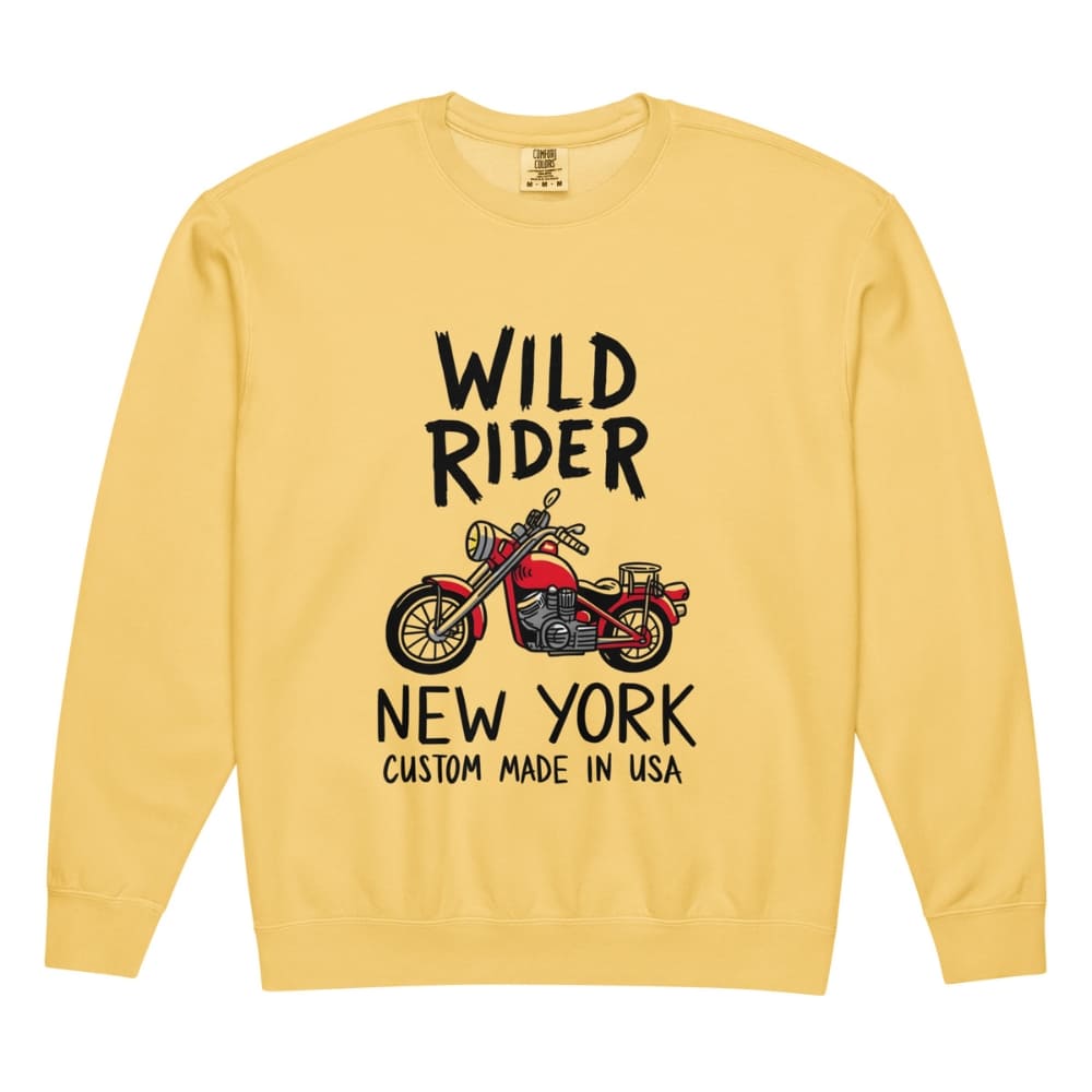 Yellow sweatshirt with 'Wild Rider New York' graphic and text on a white background