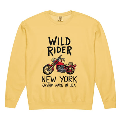 Yellow sweatshirt with 'Wild Rider New York' graphic and text on a white background