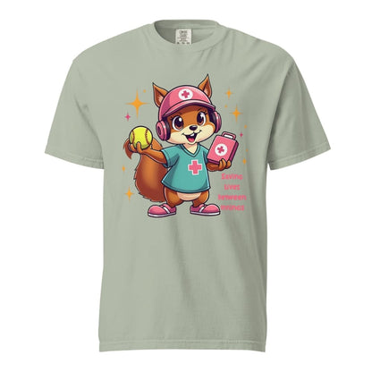 Cute squirrel nurse cartoon in scrubs, pink cap, and headset holding a softball and medical kit with the phrase “Saving Lives Between Innings” — printed on a heavyweight cotton t-shirt
