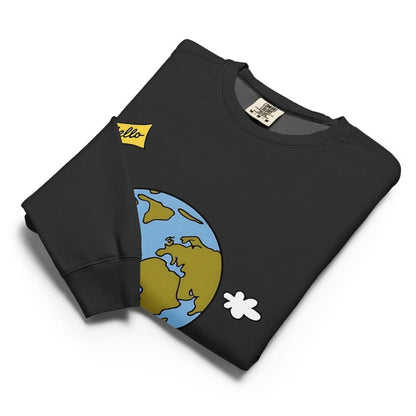 Black sweatshirt with a colorful graphic design on a white background