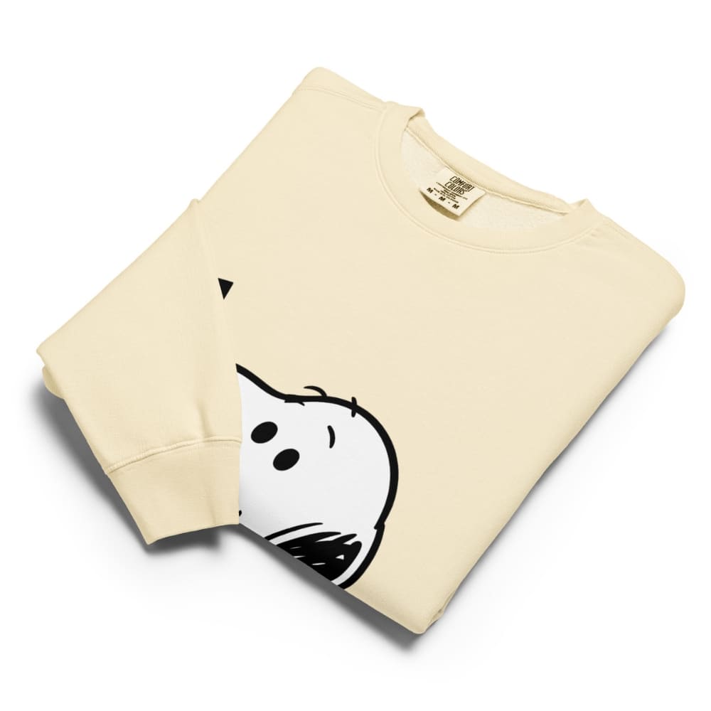 Beige sweatshirt with a cartoon ghost design on a white background