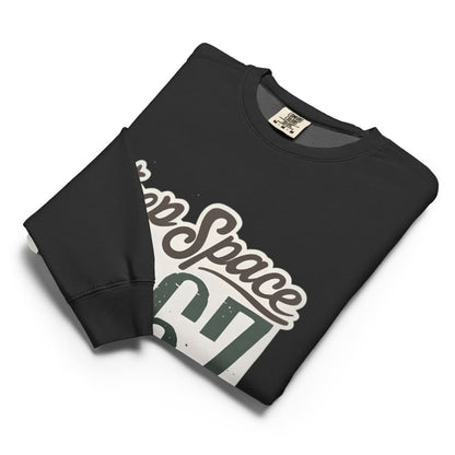 Black sweatshirt with 'Keep Space' graphic design on a white background