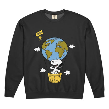 Black sweatshirt with a cartoon design of a dog in a hot air balloon over the Earth, on a white background.